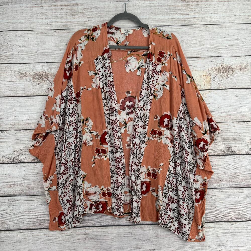 Umgee USA Floral Open Front Kimono Womens S/M Pink White Red‎